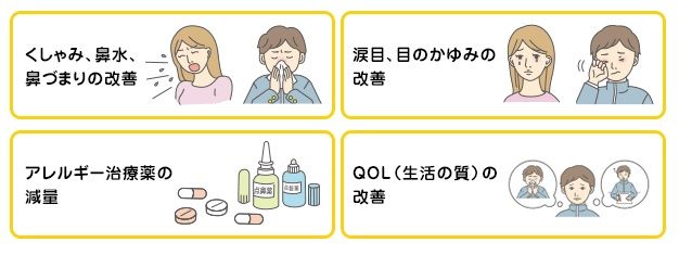 くしゃみ・鼻水・鼻づまりの改善、涙目・目のかゆみの改善、アレルギー治療薬の減量、QOL（生活の質）の改善